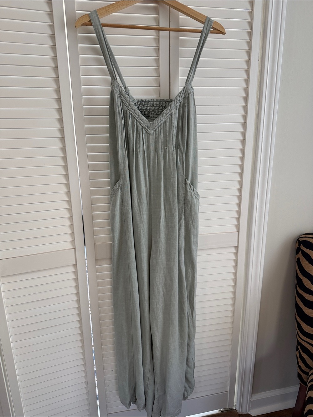 Free People Sage Green Wide-Leg Romper with Smocked Back